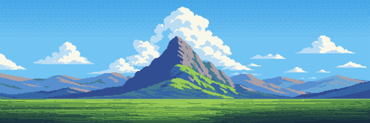 Pixel art mountain landscape with green field and blue sky. Digital illustration of summer nature with fluffy cloud. Retro gaming background for level design and environment concept.
