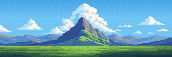 Fotobehang Blauw Pixel art mountain landscape with green field and blue sky. Digital illustration of summer nature with fluffy cloud. Retro gaming background for level design and environment concept.  © hiten666