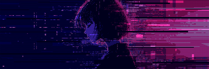 Woman silhouette with pixel art glitch effect. Abstract digital portrait with horizontal neon lines. Cyberpunk style graphic background for sci-fi futuristic design and data stream concept. © hiten666