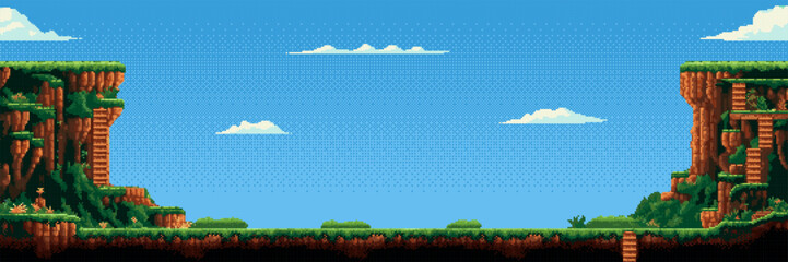 Pixel art landscape background with retro game cliffs and sky. Side scrolling stage for platformer adventure. Digital environment design for 8 bit video game level development concept. © hiten666