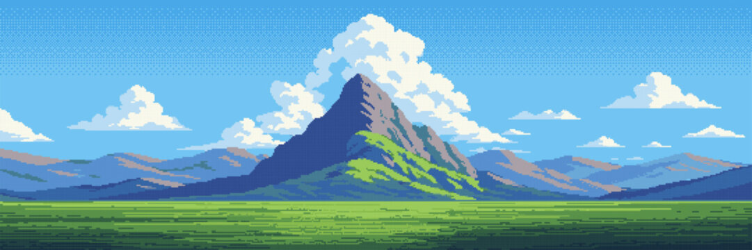 Pixel art mountain landscape with green field and blue sky. Digital illustration of summer nature with fluffy cloud. Retro gaming background for level design and environment concept.