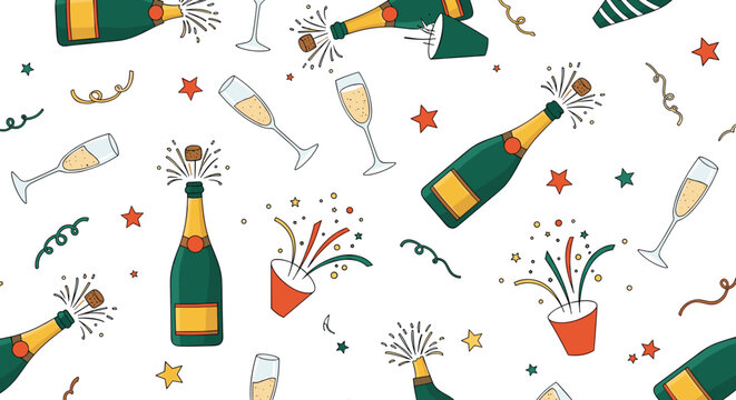Festive seamless pattern featuring popping champagne bottles, filled glasses, colorful stars, and swirling confetti on white.