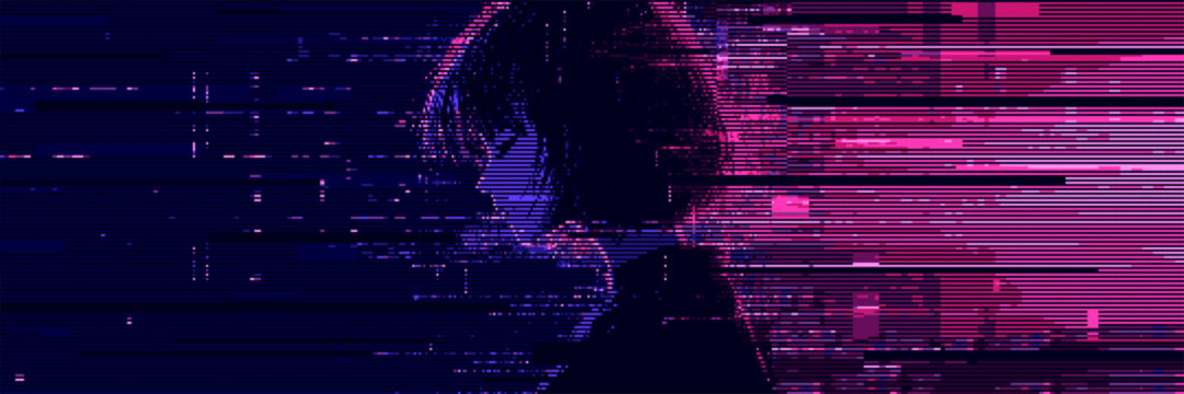 Woman silhouette with pixel art glitch effect. Abstract digital portrait with horizontal neon lines. Cyberpunk style graphic background for sci-fi futuristic design and data stream concept.