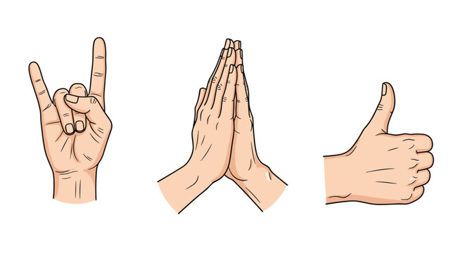 Realistic color illustration of three human hand gestures including a rock on sign, hands in prayer, and a thumbs up.