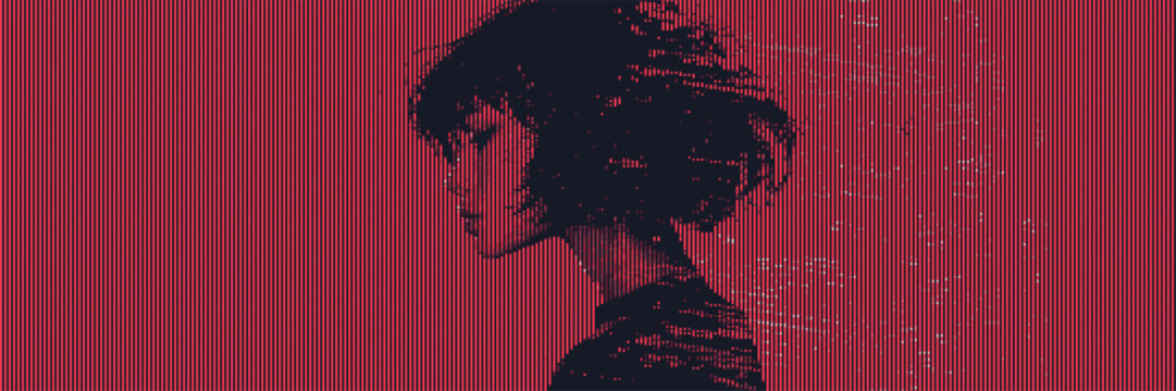 Woman silhouette portrait in pixel art style. Digital graphic illustration with vertical glitch lines. Glitch effect technology concept. Abstract cyberpunk neon red artistic design.