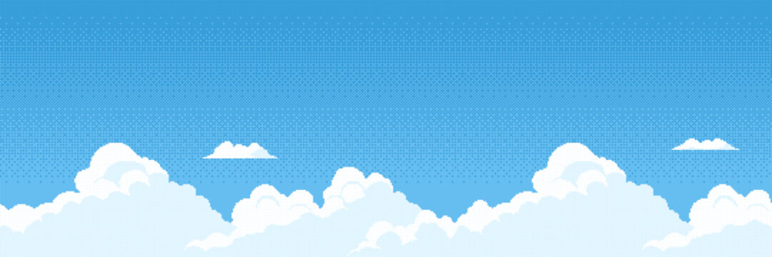 Pixel art sky with white clouds. Retro video game background for landscape level design. Digital 8 bit cloudy horizon and blue heaven scenery. Nostalgic classic gaming environment.