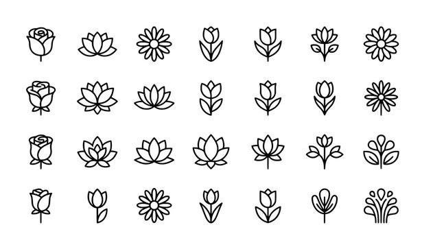 Minimal floral line icon set vector illustration with black and white flower pictograms isolated on white background