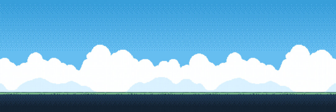 Pixel art landscape background with blue sky and white clouds. Retro video game level design for platformer adventure. Digital environment scenery with grassy horizon line and space.