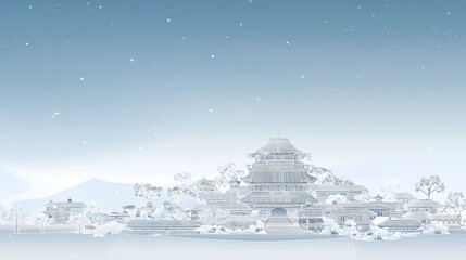 Fototapeta premium Winter Palace Illustration with Snowy Courtyard, Ornate Architecture and Serene Blue Sky
