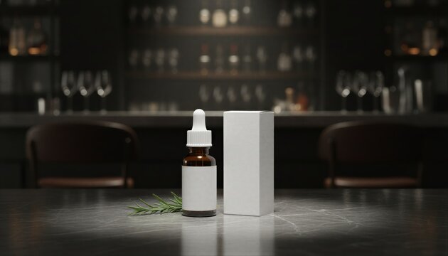 Amber dropper bottle with a white label on a moody dark marble table