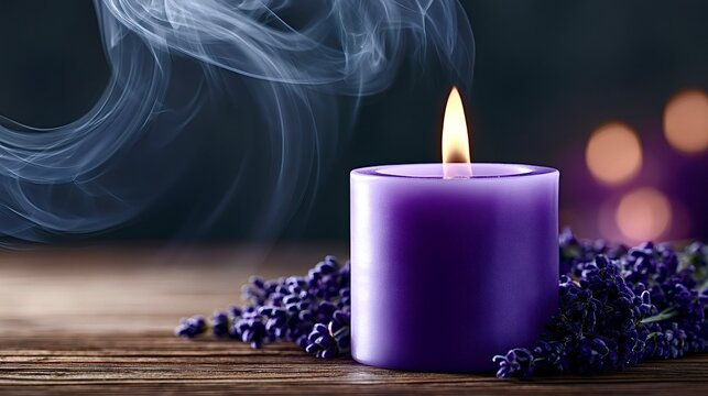 Purple lavender candle burning with smoke and bokeh