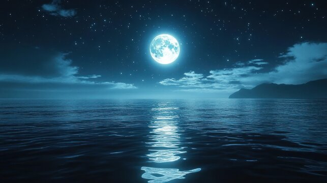 Full moon over calm ocean with starry sky, glowing moonlight reflection on water and distant coastal silhouette, peaceful and serene nighttime seascape