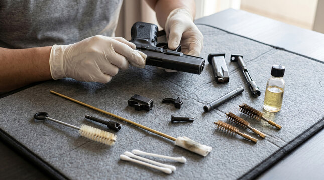 Person Cleaning Pistol with Maintenance Tools on Gun Cleaning Mat