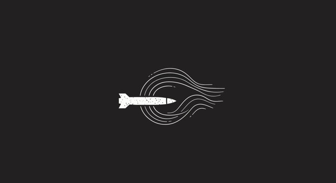 A minimalist, clean line art logo of a bomb with smoke trails, symbolizing destruction or a powerful impact, presented on a dark background