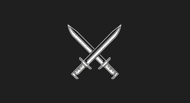Minimalist logo featuring two crossed bayonets on a dark background, symbolizing conflict or military association