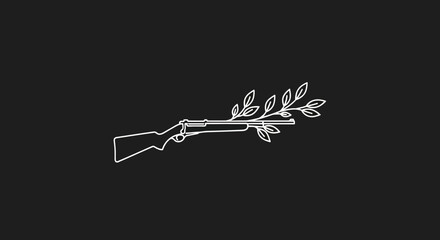 Obraz premium Minimalist vector icon depicting a rifle intertwined with a leafy branch, symbolizing the delicate balance between conflict and peace, nature and defense, in a serene, abstract design