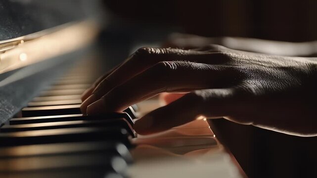 Pianist hands playing grand piano keys in dramatic low light