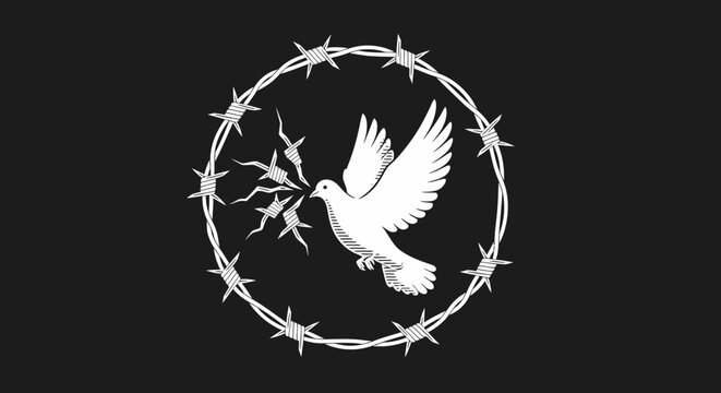 Symbol of peace a white dove carrying a sprig of leaves, enclosed by a circle of barbed wire, representing freedom from conflict and oppression