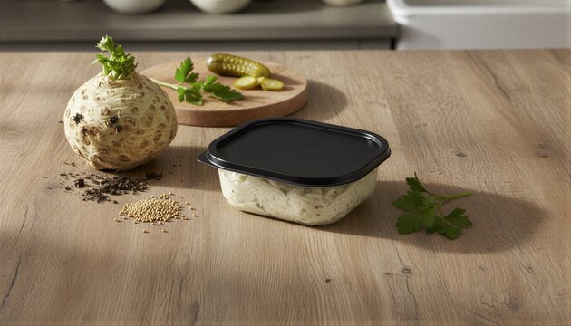 Fresh celeriac remoulade slaw on a rustic wooden table