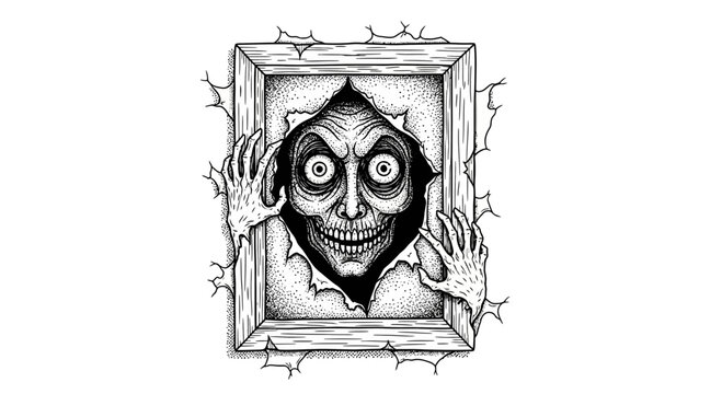 Creepy monster peeking through broken frame.