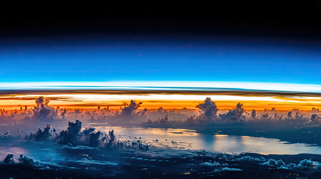 Stunning Earth Atmosphere View from Space with Clouds and Sunrise.