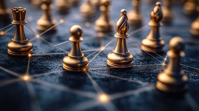 gold chess pieces including rook, bishop and pawns connected by glowing network lines on a dark textured board, warm light and shallow focus conveying strategic tension
