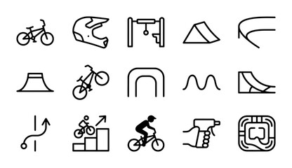 Fototapeta premium BMX Bike Icons Set, Extreme Sports Vector Graphics, Bicycle Gear & Park Elements