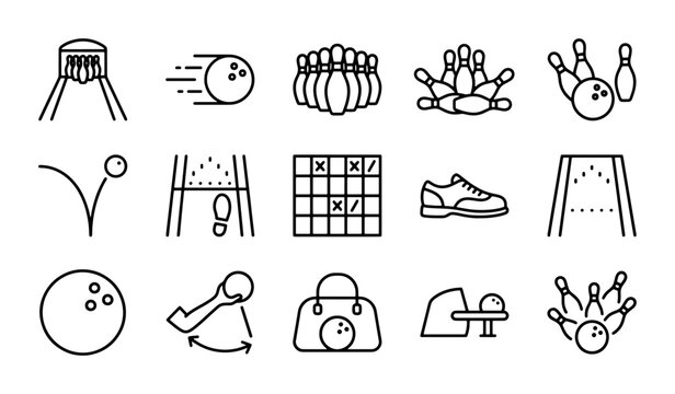 Bowling Icons Set: Pins, Ball, Lane, Shoe, Scorecard, Bag, Sport Graphics