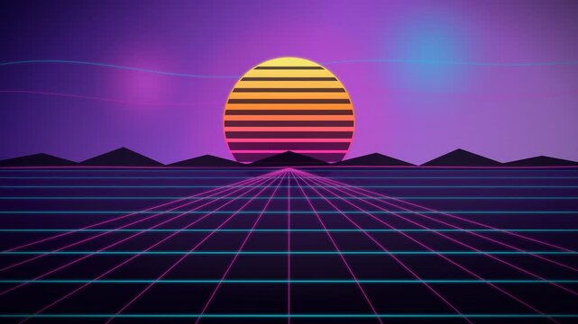 Retro synthwave landscape with neon grid floor, 80s style sunset over mountain silhouette, futuristic vaporwave background for music video