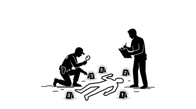 Crime scene investigation, forensic analysis, police evidence, silhouette illustration