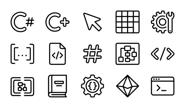 Programming Icons Set, Coding Symbols Collection, Software Development Vector Graphics, Technology Icons