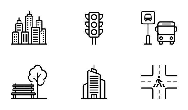 Cityscape Icons: Urban Buildings, Traffic Light, Bus Stop, Park Bench, Pedestrian Crossing, Vector Set