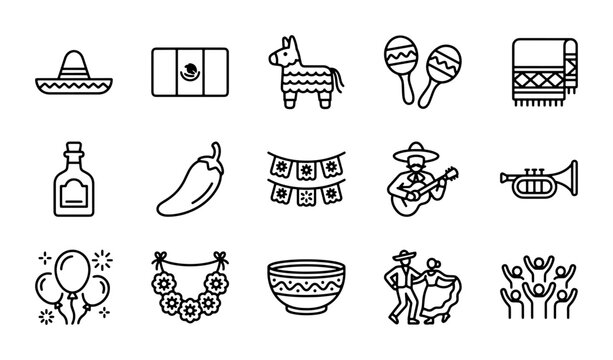 Mexican Fiesta Icons: Cinco de Mayo, Mariachi, Sombrero, Chili, Pinata, Vector Set
