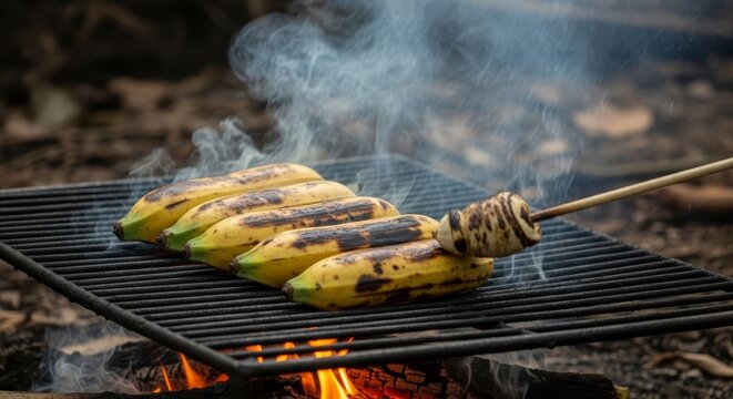 Yellow bananas smoking and charring on a barbecue grill over glowing embers
