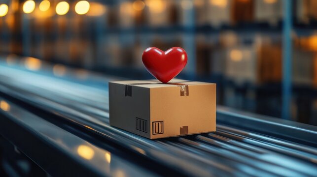 Cardboard parcel topped with a red heart on a conveyor belt in a warehouse conveying warmth and careful delivery
