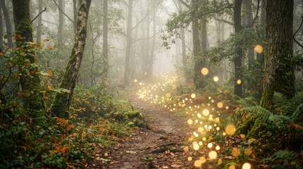Obraz premium A misty forest path glows with a magical light.