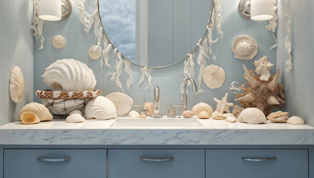 sea shells on the wooden table, Nautical-style shell decor for the bathroom