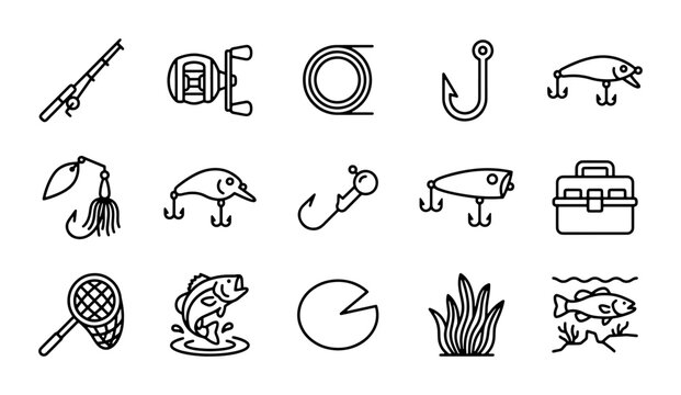 Fishing Gear Icons, Vector Set: Rod, Reel, Lures, Tackle Box, Net, Fish, Water Plants