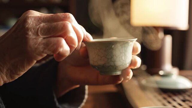 Elderly Hands Holding a Steaming Traditional Cup of Hot Tea