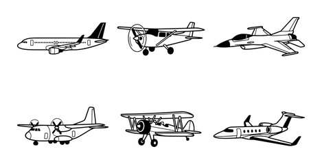 Diverse Aircraft Collection: Jet, Propeller, Biplane, Cargo, Private Jet Icons © Rabiul