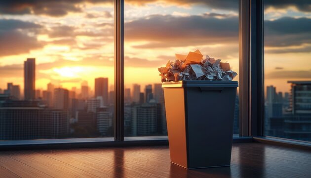 overflowing office trash bin filled with crumpled papers on hardwood floor by floor-to-ceiling windows, city skyline at sunset bathing the scene in warm golden light, quiet melancholy