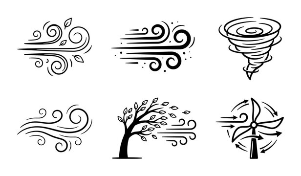 Wind Icons Set: Gusts, Breeze, Tornado, Tree, Turbine, Weather Symbols