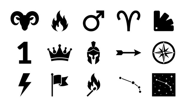 Zodiac Symbols, Astrology Icons, Aries Ram, Fire, Male Symbol, Compass, Crown, Helmet, Arrow, Constellation