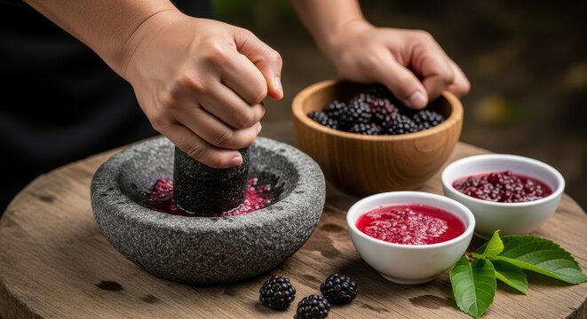 Hands crushing fresh blackberries in stone mortar and pestle, preparing homemade fruit jam