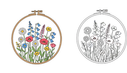 Hand-drawn wildflower embroidery hoop illustration featuring a colorful floral design alongside a black and white outline patte. © MstTabassum