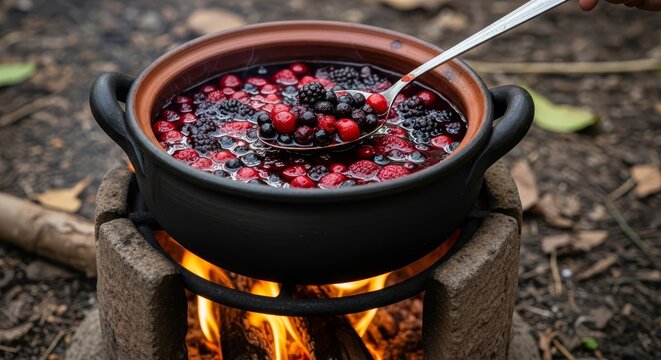 Vibrant berry compote bubbling in a rustic pot over an open fire, showcasing a delicious forest harvest