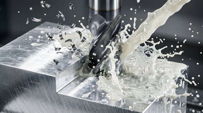 Metal milling process with aluminum block and cutting tool creating chips