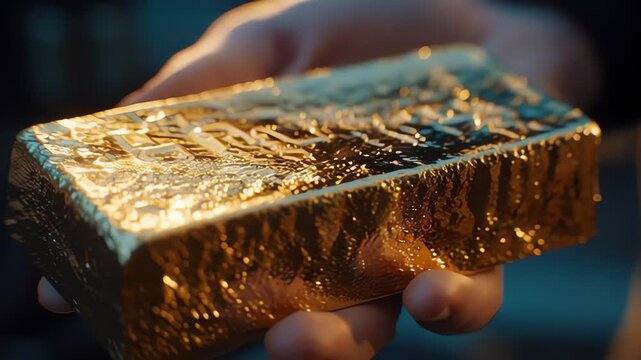 Hand Holding a Textured Shiny Gold Bar Close Up