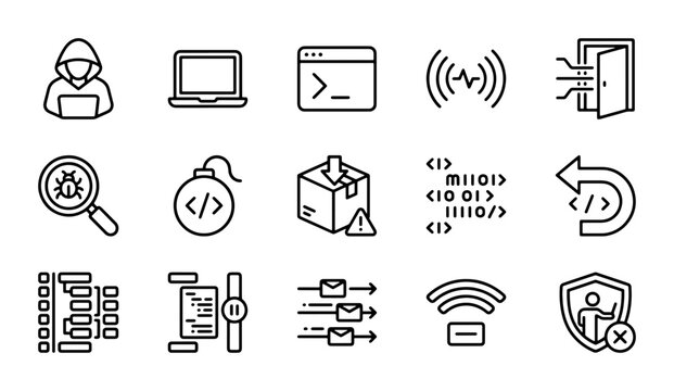 Cybersecurity Icons Set, Digital Security, Hacking, Data Protection, Network Security Vector Icons