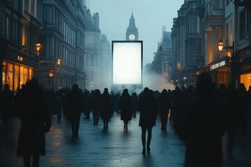 Obraz premium silhouetted crowd walking on wet city street toward a glowing blank billboard under fog with a distant historic clock tower and warm shop lights, moody and mysterious